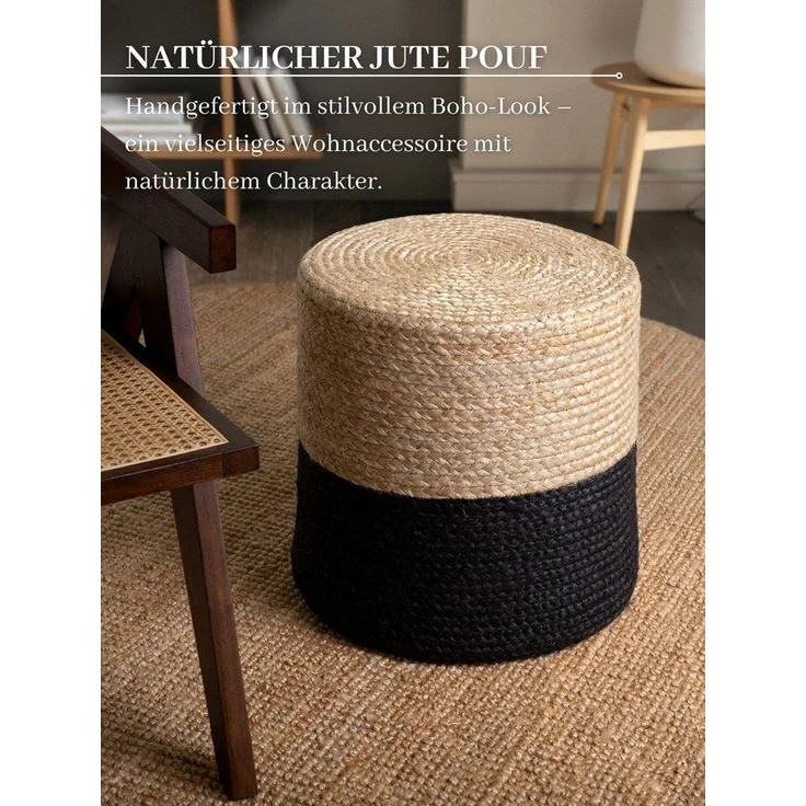 Hanse Home Jutta Jute Pouf - Natürlicher Sitz-Pouf aus Jute, Zylindrische Form im Boho Look, Hocker, Ottoman, Sitzhocker, Sitzkissen für Wohnzimmer, Esszimmer, Flur - Natur Gold Schwarz, 40 x 40 x 40 – Bild 1