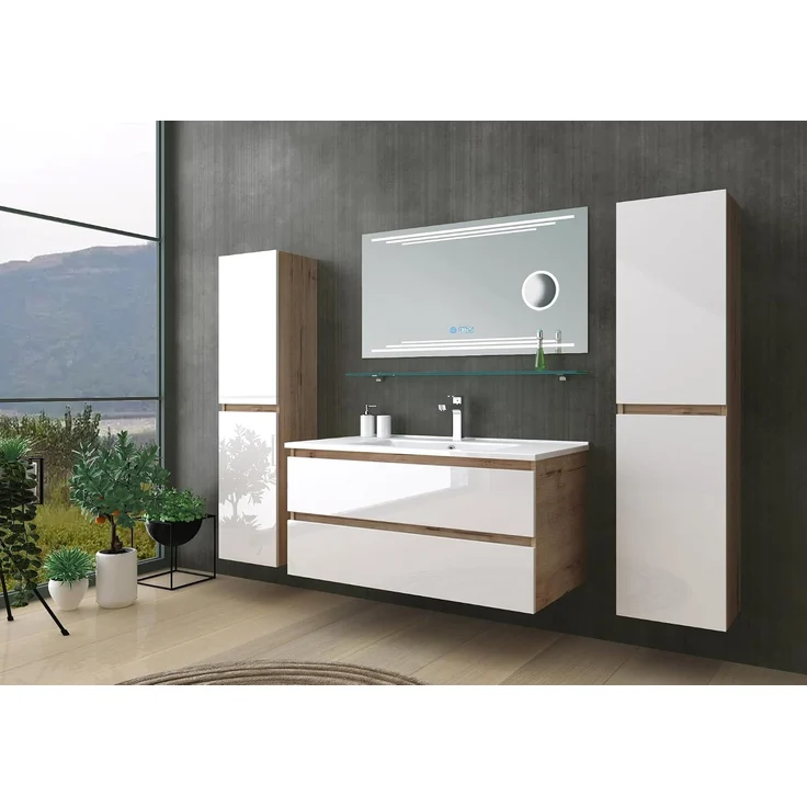 Homeline Badmöbel Set Eiche/Weiß Leonard Hochglanz/90cm Spiegel incl LED (90, 7, 3X Seitenschränke) – Bild 1