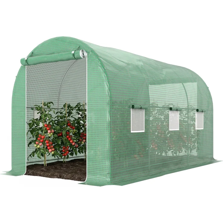 Wohnora-Tunnelgewächshaus, 8 m² Grundfläche, 4 m L x 2 m B x 2,05 m H, Rohrrahmen, Tür mit Reißverschluss, 6 aufrollbare Fenster, Grün,H 2050cm x T 1480cm x B 2000cm – Bild 3