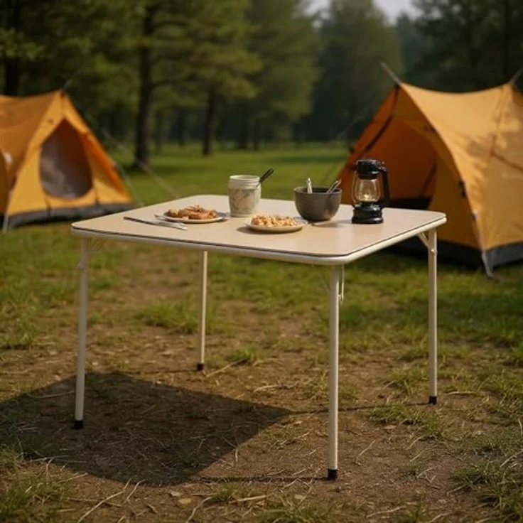 FurnitureR Campingtisch klappbar 86×86×71 cm, tragbarer Outdoor-Tisch mit stabilem Metallrahmen, wetterfester PVC-Oberfläche, faltbar für Camping, Picknick, Festival & Garten, erhältlich in Beige – Bild 2