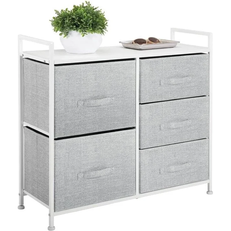 Schmaler Stoff Schrank 5 Schubladen Kommode Aufbewahrung grau/weiß 82cm mdesign – Bild 2