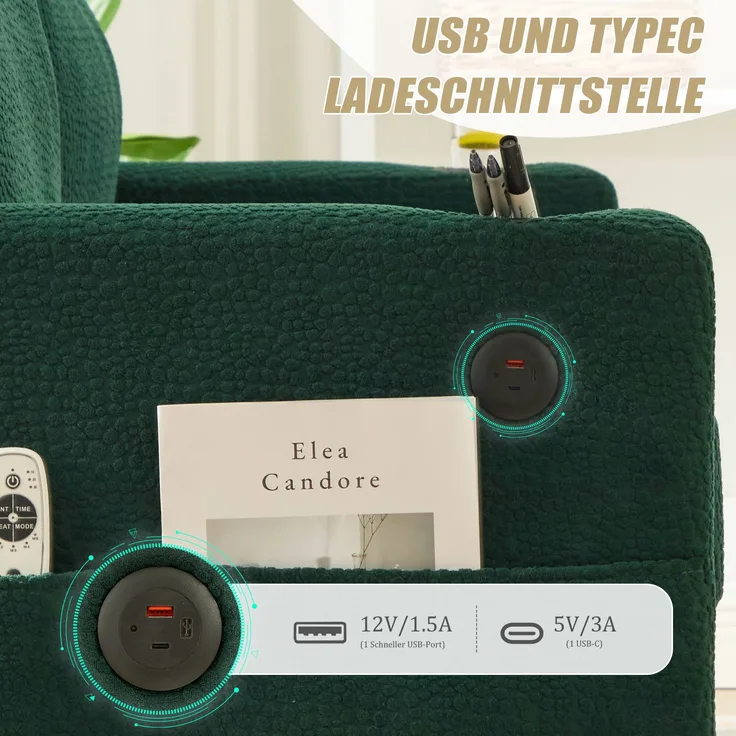 Zweisitzer Chenille-Sofa 203x77,5x86 cm – mit USB-C und LED-Ambiente in Smaragd