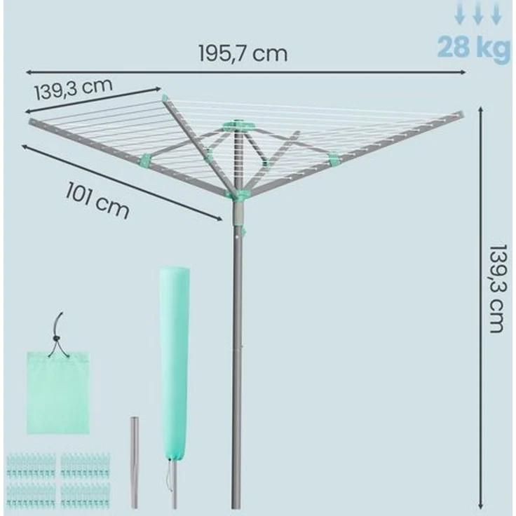 SONGMICS Wäschespinne, 50 m Wäscheleine, für 5 Waschladungen, mit Wäscheklammern, silbern – Bild 5