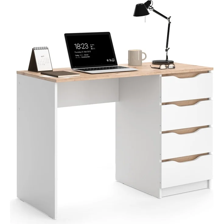 Schreibtisch Ruben Weiß/Artisan-Eiche 110x50 cm mit 4 Schubladen Vicco – Bild 5