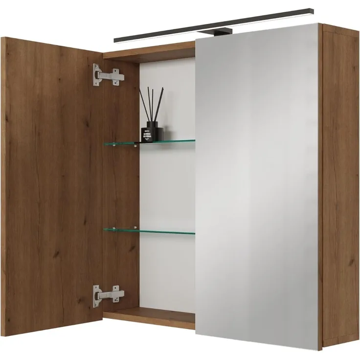 Planetmöbel ARIA Spiegelschrank Bad mit Beleuchtung 70 cm breit | Badschrank hängend mit Spiegel | Gold Eiche, mit Leuchte und Steckdose, Spiegelschrank Gäste WC 70 x 70 x 16 cm