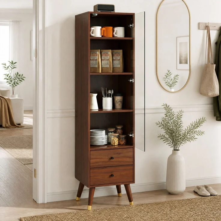 Vitrinenschrank aus MDF in Nussbaumoptik mit Glastür und 2 Schubladen,H 160 x T 39.8 x B 35 cm – Bild 2