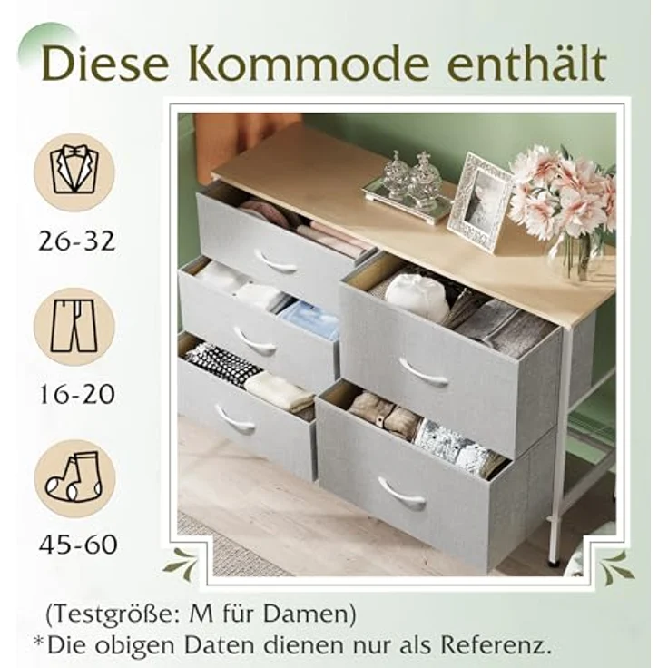 WLIVE Kommode mit 5 Schubladen aus Stoff, Kommodenschrank für Schlafzimmer, Kommode Wohnzimmer, mit Stabiler Stahlrahmen und Holzplatte, Hellgrau – Bild 5