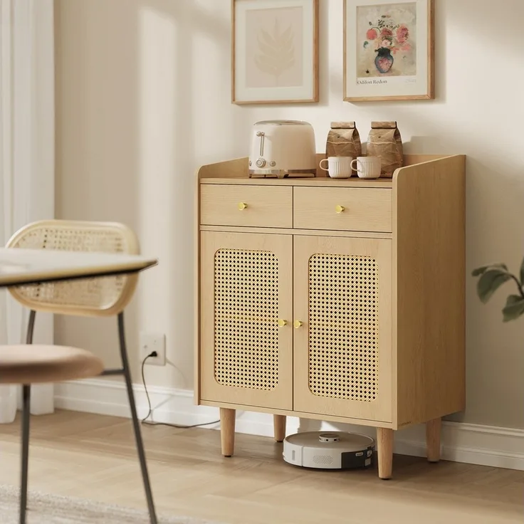 SONGMICS HOME BOHOVEN Kollektion - Sideboard, Küchenschrank mit Türen in Rattan-Optik, Aufbewahrungsschrank mit Schubladen, verstellbare Ablage, Boho-Stil, für Esszimmer, eichenbeige