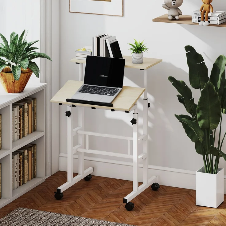 MELAYR, Sitz-Steh-Schreibtisch, höhenverstellbarer Schreibtisch 60 x 60 cm mit Rollen, neigbarer Tischplatte, Naturholz – Bild 4