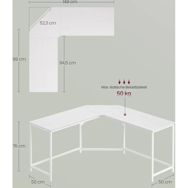 VASAGLE Eckschreibtisch, L-förmiger Computertisch, 149 x 149 x 76 cm, platzsparender Bürotisch, Homeoffice, Gaming, ahornweiß LWD073W01 – Bild 7