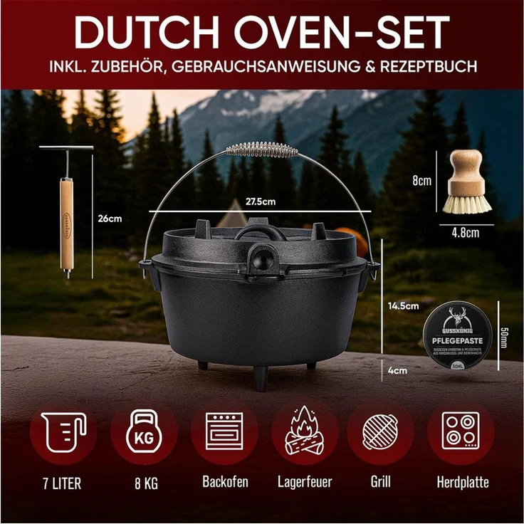GUSSKÖNIG Grilltopf GUSSKÖNIG Dutch Oven Topf mit Füßen 7Liter+Pflegepaste – Bild 2