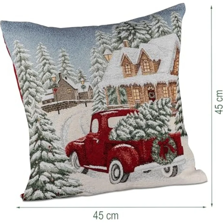 formano Weihnachtskissen 45 cm mit Auto + Baum-Motiv Deko Kissen mit Füllung ohne Reißverschluss - Weihnachten – festliches Sofakissen – Rückseite rot – Winter Dekoration – Bild 3