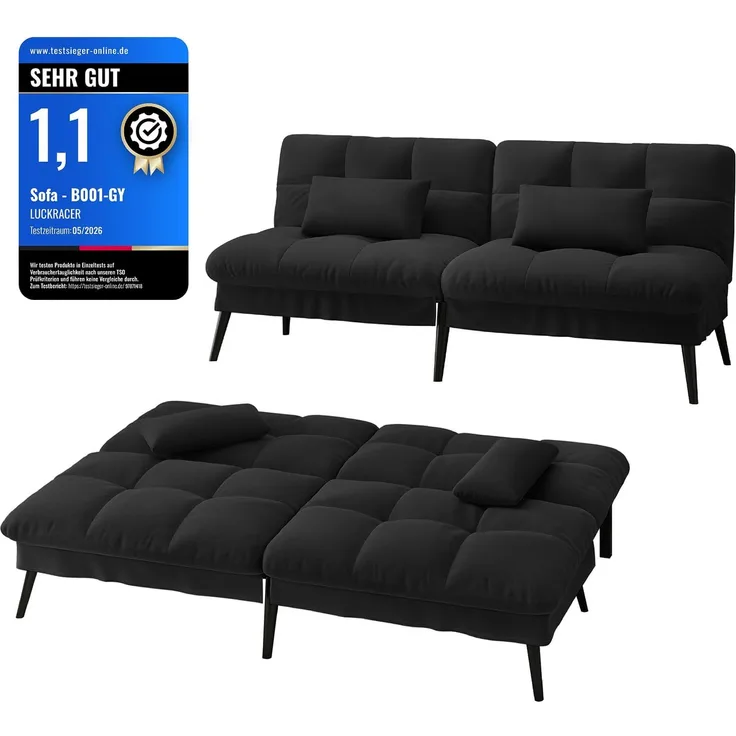 COMHOMA Sofa Schlafsofa mit Schlaffunktion, überzug Futon Klappsofa, Bettcouch, ecksofa, Couch Gästebett, 3-Sitzer Sofa, mit verstellbare Rückenlehne aus Stoff Schwarz