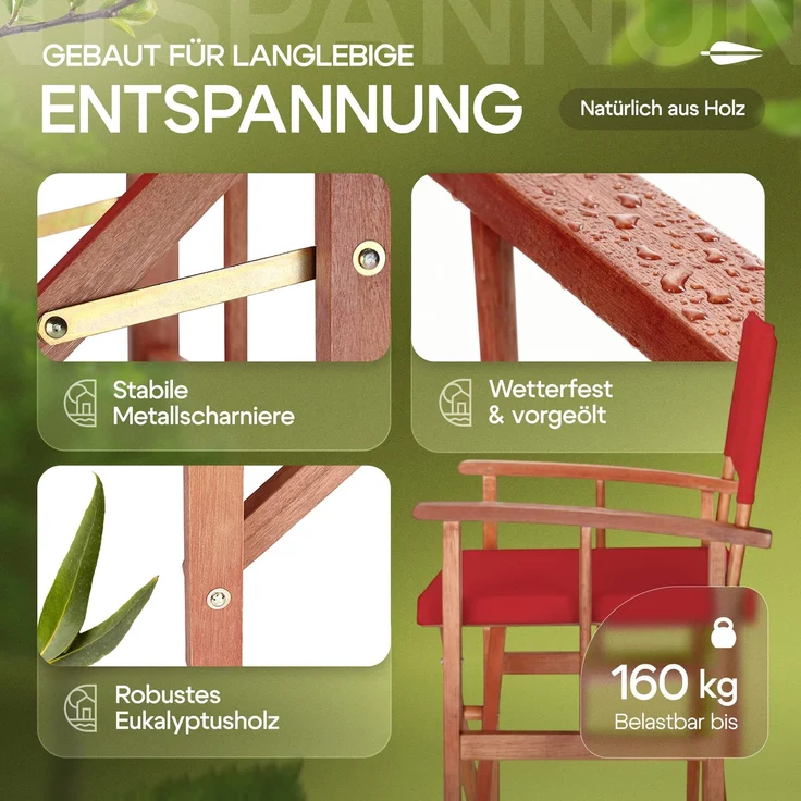 CASARIA® Regiestuhl aus FSC® Eukalyptusholz Rot – Bild 3