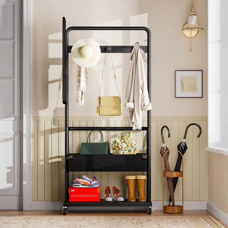 Faumrta Robuster Kleiderständer aus Metall mit Rollen, 3-in-1-Design mit Korb und Spiegel, Kleiderbügel, mobiler Kleiderständer mit Rollen, geräumiger Garderobenständer, Schwarz, 70*40*170cm70CM*40CM*170CMSchwarzParticle Board,Steel – Bild 3