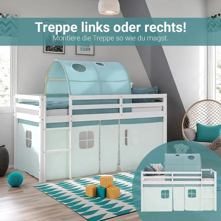 Hochbett Kinder 90x200 cm mit Lattenrost Kinderbett Kinderhochbett Stockbett Tunnel Vorhang Grün Mintgrün Holz Massiv – Bild 6