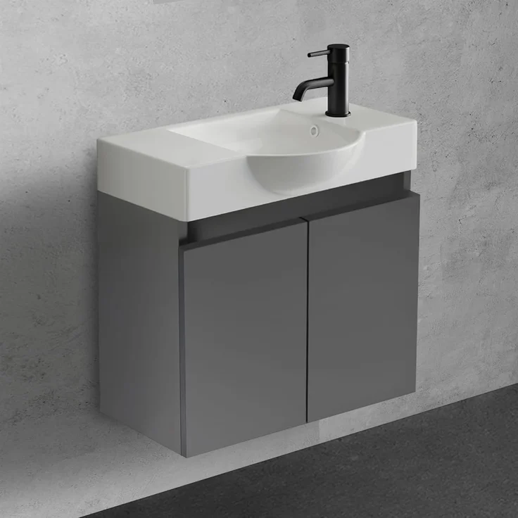 Alpenberger Badmöbel-Set Gäste WC Waschbecken mit Unterschrank 55 cm Breit, (Waschbecken Eckig Oval, Midi Schrank), Waschbeckenunterschrank Anthrazit Matt – Bild 1