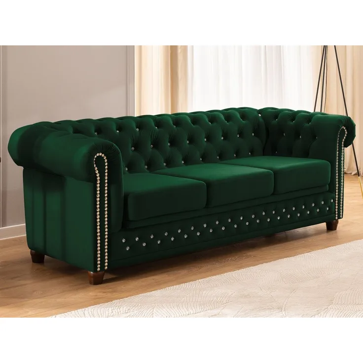 S-Style Möbel Chesterfield-Sofa 3-Sitzer mit Schlaffunktion Cleo Blink aus Samt mit Kristallsteppung, mit Wellenfederung