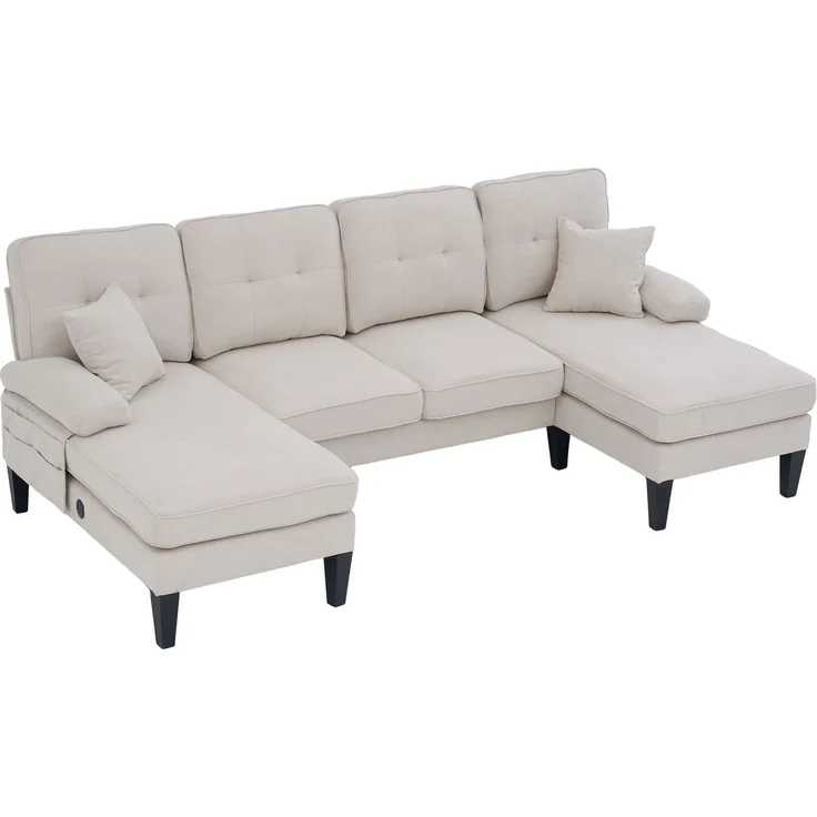 U-förmiges 4-Sitzer-Stoffsofa 250 cm mit 2 Chaiselongues, USB-C, Seitentaschen und Kissen, gepolsterte Wohnlandschaft, Beige – Bild 25