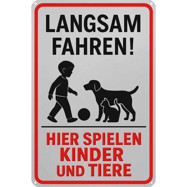 AstraDesign Blechschild 20x30cm - Langsam fahren hier spielen Kinder und Tiere – Metall – Mehrfarbig – AD0315