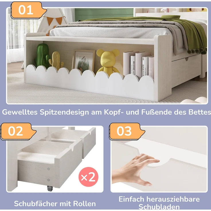 Kinderbett Massivholz/MDF mit 2 Schubladen & Regal, 240x98x100 cm, Weiß/Eichefarben, ohne Matratze – Bild 8