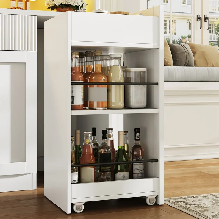 Hochküchenschrank 120cm mit RGB-LED, App-Steuerung, 3 Glasvitrinen, Schubkästen & beidseitigen Roll-Ablagen, Weiß/Schwarz – Bild 4