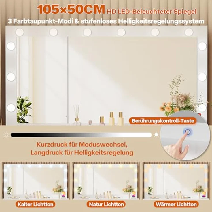 TRIUMPHKEY Schminktisch mit Große Spiege und LED-Beleuchtung, Einstellbarer Helligkeit, 120x40x140cm, Frisiertisch mit 7 Schubladen, Steckdose,Schmuckschrank, Kosmetiktisch für das Schlafzimmer, Weiß – Bild 3