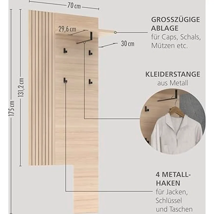 Innostyle Garderobenpaneel PISA, Riva Eiche Dekor, 1 Kleiderstange, 4 Haken, mit Hutablage, B 70 x H 175 x T 30 cm – Bild 4