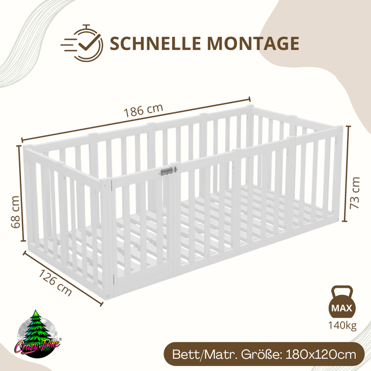 Crazy Pine 'Crazy John' Kinderbett mit hohem Rausfallschutz 73 cm, Holz, Weiß, 120x180 cm – Bild 2