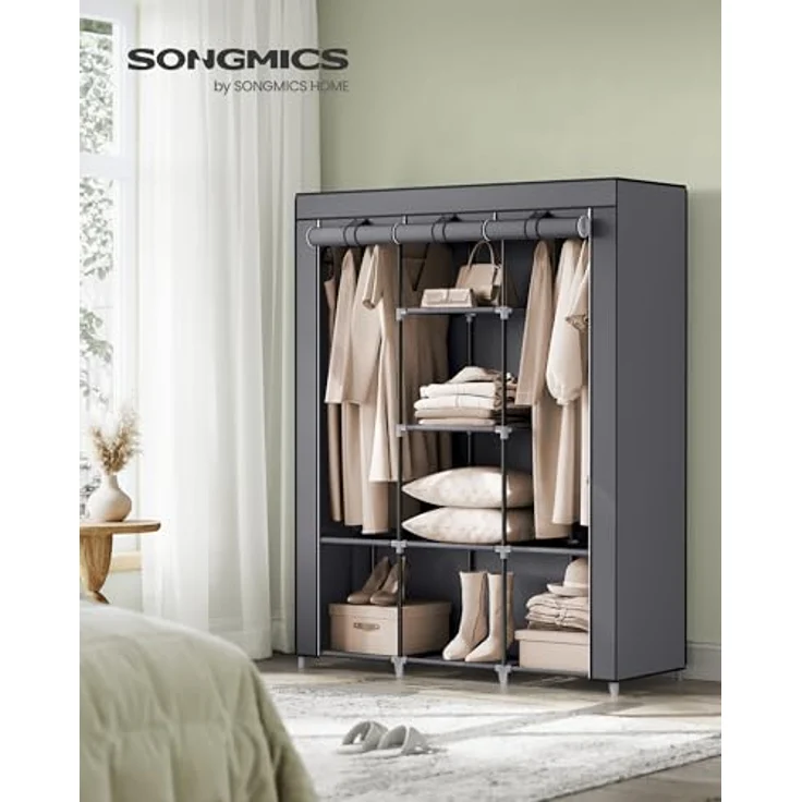 Songmics Kleiderschrank, Garderobe, Kleiderständer mit Vliesstoffbezug, Hängestangen, Ablagen, 45 x 130 x 167 cm, große Kapazität, für Schlafzimmer, Wohnzimmer, Taubengrau RYG096G01, Grau – Bild 3