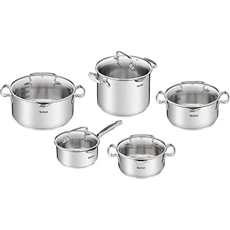 Tefal Topf-Set Duetto+, Kochtopf Set mit Glasdeckel, Edelstahl (Set, 10-tlg, Stieltopf 16 cm, Schmortöpfe 18/20/24 cm, Suppentopf 22 cm), Abgießdeckel, integrierte Messskala, induktionsgeeignet, rostfrei