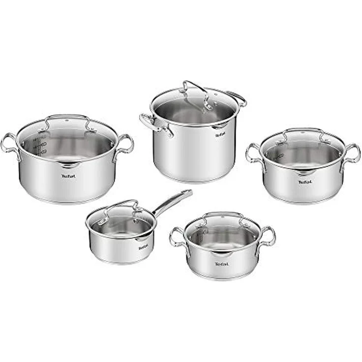 Tefal Topf-Set Duetto+, Kochtopf Set mit Glasdeckel, Edelstahl (Set, 10-tlg, Stieltopf 16 cm, Schmortöpfe 18/20/24 cm, Suppentopf 22 cm), Abgießdeckel, integrierte Messskala, induktionsgeeignet, rostfrei – Bild 1