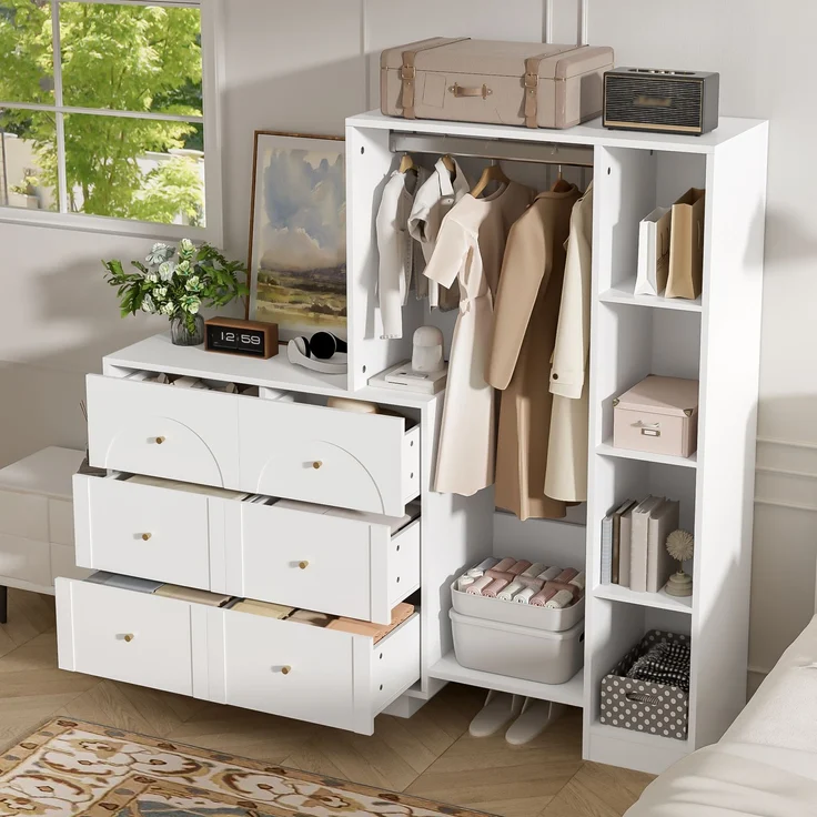 Moderner Mehrzweck-Kleiderschrank, offene Garderobe mit Kleiderstange, 6 Schubladen und Seitenregalen, Schlafzimmer-Aufbewahrungsschrank, Weiß, 139 × 35 × 133 cm--Weiß--139x35x133cm--YOUDENOVA – Bild 7