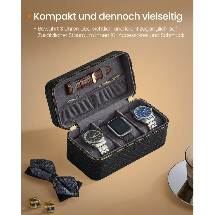 SONGMICS HOME RONNE Kollektion - Uhrenbox unterwegs, Etui für 3 Uhren, PU im Flechtlook, 10 x 20 x 9 cm, Geschenkidee, Bezug in Tintenschwarz, Innenfutter in Schiefergrau JWB017G01 – Bild 4