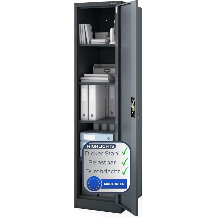 Aktenschrank abschließbar KADO - 5 Ebenen verstellbar, Flügeltüren | Metallschrank Werkstatt Mehrzweckschrank Büroschrank aus Stahl Werkzeugschrank, 185 x 45 x 60 cm Anthrazit