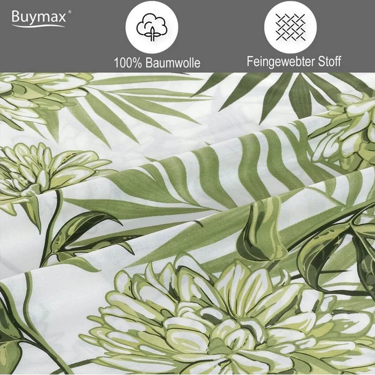 Buymax Bettwäsche Amazing Green, Renforcé: 100% Baumwolle, 4 teilig, 155x220 cm, Bettbezug-Set, mit Reißverschluss, Blumen Eukalyptus Grün – Bild 3