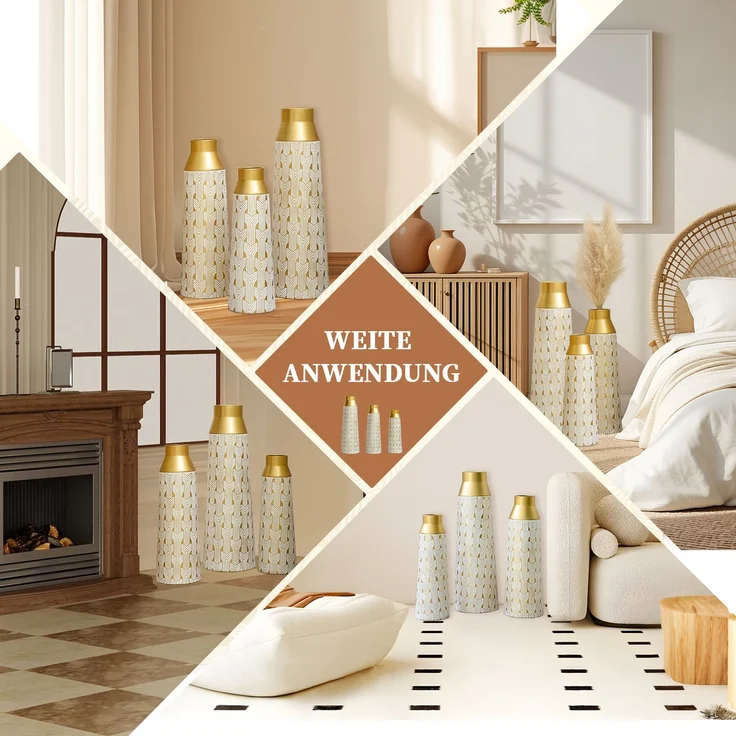 Goldene Bodenvase 3er Set, Moderne Metall Vase mit geometrischem Muster, 42/51/60,5 cm Groß Dekovase für Wohnzimmer, Esszimmer, Trockenblumen & Pampasgras--Gold--24.73x23.6x66.49cm--YOUDENOVA – Bild 4