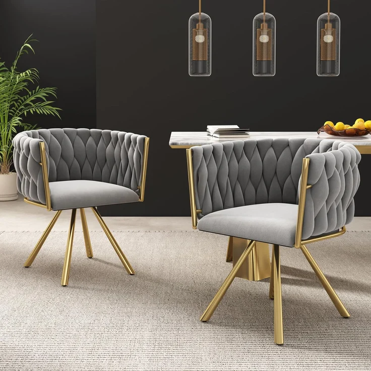 FAVSH Drehstühle Esszimmer 2er Set, Moderne Armlehnstühle aus Samt mit Metallgestell, 360° drehbare Küchenstühle mit bequemer Polsterung, Stühle für Wohnzimmer Schlafzimmer Esszimmer, Grau und Gold