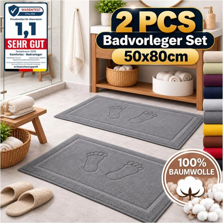 Komfortec Badematte Badvorleger aus 100% Baumwolle, Rechteckig, 800 g/m² – Bild 2