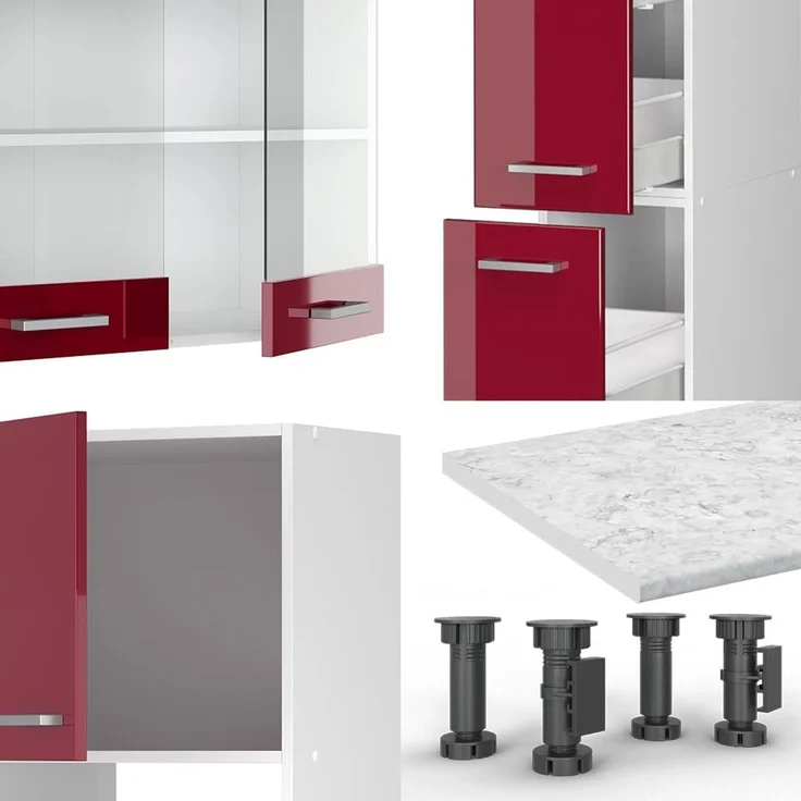 Küchenzeile R-Line Rot Hochglanz/Weiß 350 cm mit Hochschrank, ohne Arbeitsplatte Vicco – Bild 6