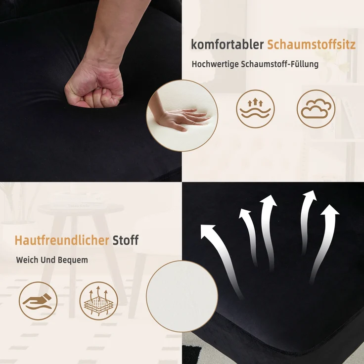 LVHOM Polsterstuhl aus Samt, Esszimmerstühle mit Knopfheftung, ohne Armlehnen, Massivholz Beine, Für Wohnzimmer, Büro & Schlafzimmer, Schwarz – Bild 4