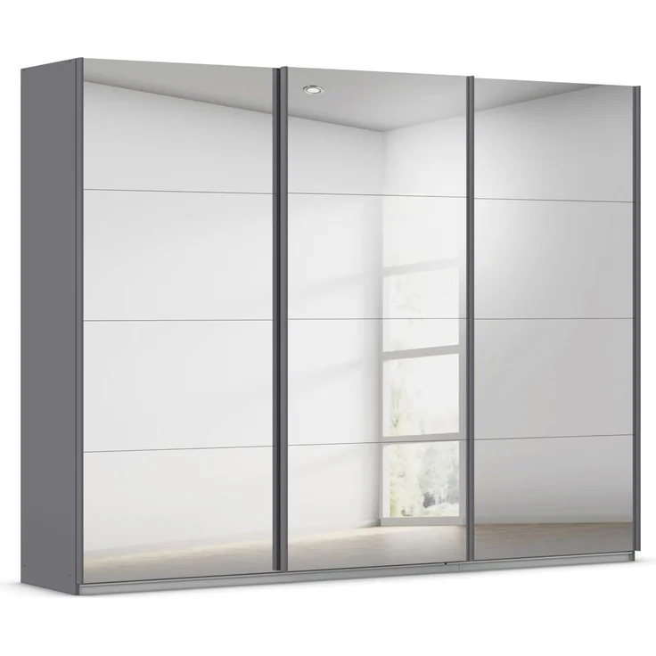 Rauch Möbel Kulmbach, Kleiderschrank mit Schwebetüren für Schlafzimmer, Kinderzimmer, Jugendzimmer, Garderobe, Flur, 3-türig, mit Spiegel, Zubehör Classic, Farbe Grau metallic, Schwarz, Breite 271 cm