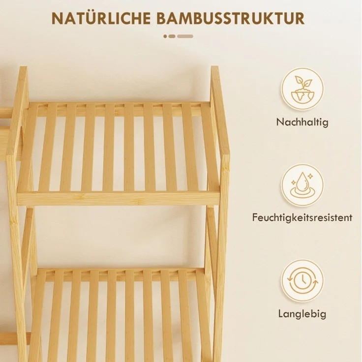 Garderobenständer aus Bambus mit Schuhregal und Sitzbank, 104x33x175 cm, Naturholz – Bild 5
