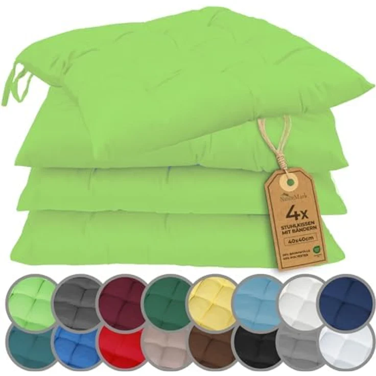 NatureMark 4er Set Stuhlkissen mit Bändern Gr. 40x40 cm Sitzkissen gefüllt, Apfel grün – Bild 2