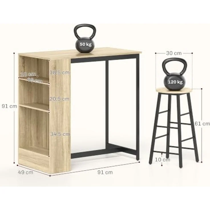 HOMCOM Bargruppe Küchentresen mit 2 Barstühlen, Fußstütze und verstellbaren Ablagen, (Bartisch mit Barhocker Set, 3-tlg, Bartisch-Set), im Modern-Stil, platzsparend, für Esszimmer, Küche, Stahl, Eiche – Bild 6