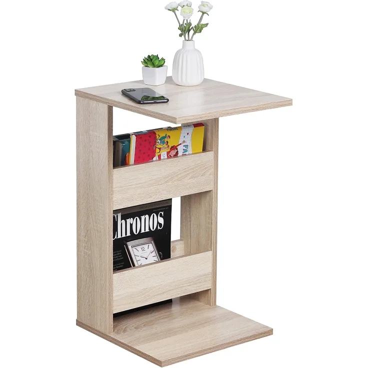 RICOO Kleiner Beistelltisch Holz 35 x 60 x 40 cm WM042-ES Couchtisch mit Stauraum Eiche Sonoma Braun Wohnzimmertisch Kleiner Tisch Wohnzimmer Sofatisch Beistelltische C Form Konsolentisch