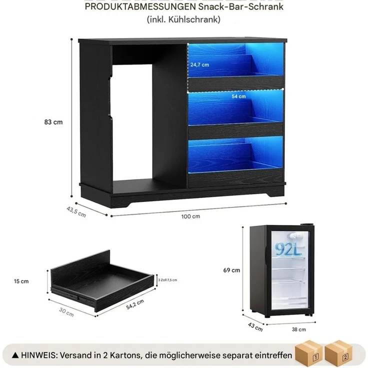 Snackschrank 100x43.5x83 cm mit 92L Kühlschrank, LED-Beleuchtung und Stauraum, Schwarz – Bild 4