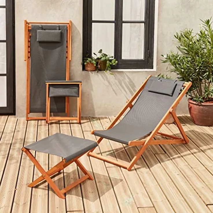 Alice's Garden Creus, 2er-Set Liegestühle aus geöltem Eukalyptus, Multi-Position mit Kopfstützpolster in Grau und Fußstütze – Bild 2