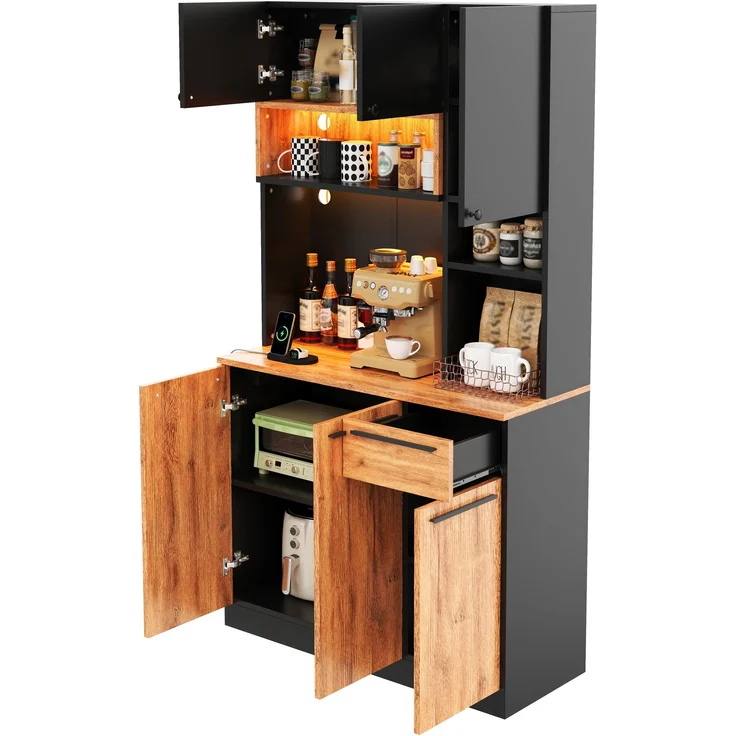 ZUBALIYA Buffetschrank 100x40x180 cm, mit LED-Beleuchtung, mit Steckdosen, mit 6 Türen, aus MDF, Natur – Bild 14