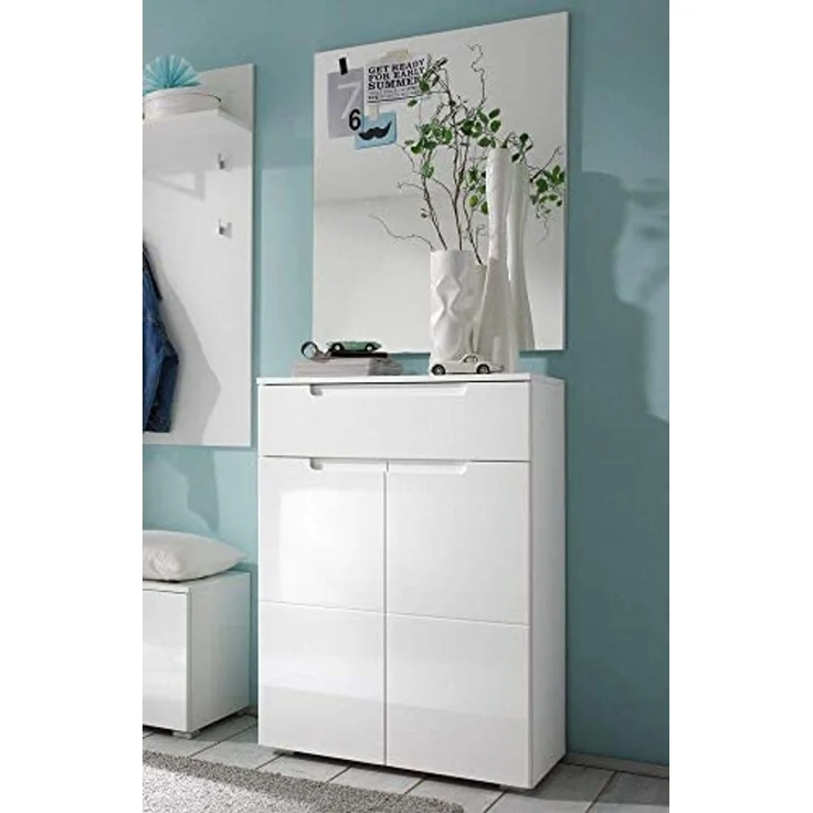 moebel-dich-auf Garderoben-Set SLICE, (Komplett-Set, 5-St, Garderobenschrank + Paneel + Bank + Spiegel + Schuhkommode), Front MDF weiß Hochglanz – Bild 5